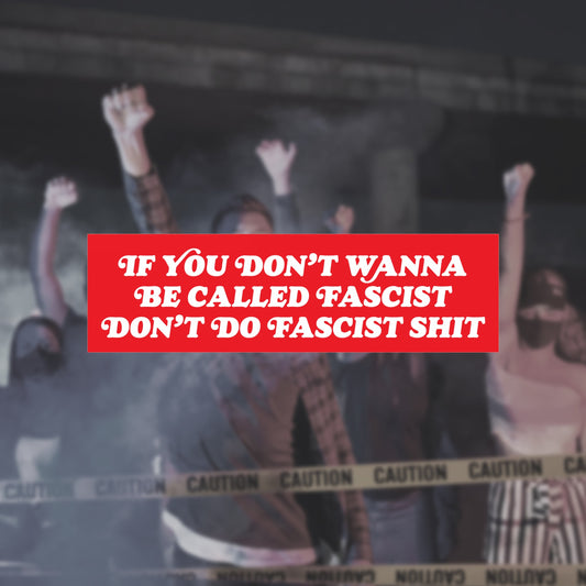 Anti-Fascist Retro Sticker & Magnet features bold white text on a red rectangle, set against a blurred protest scene, embodying a strong anti-fascist message for visible resistance on multiple surfaces.