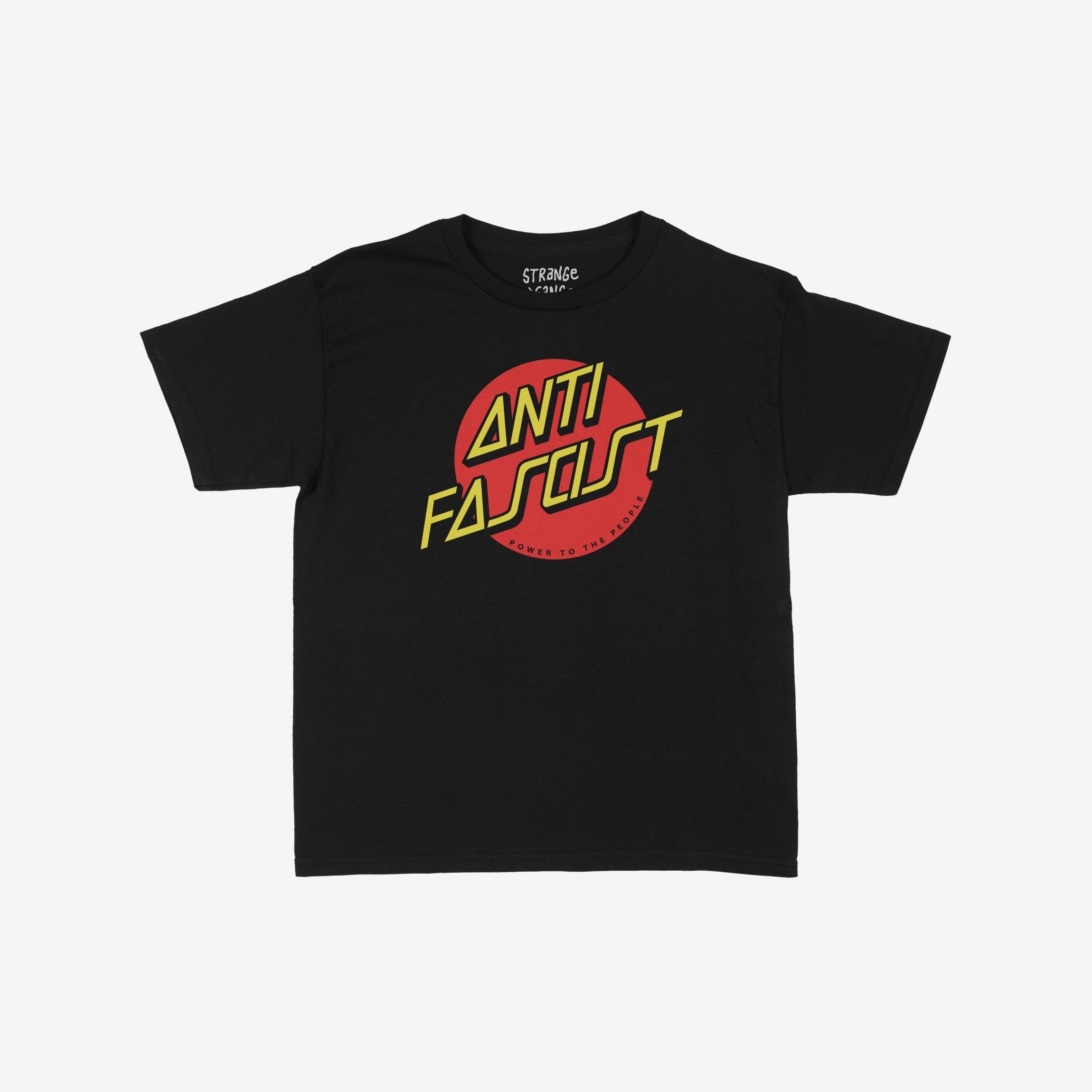 Anti-Fascist Women's Baby Tee featuring bold, graphic design with ANTI FASCIST in yellow over a red circle. Beneath, POWER TO THE PEOPLE exudes defiant, skate-inspired style. Ideal for making a statement.