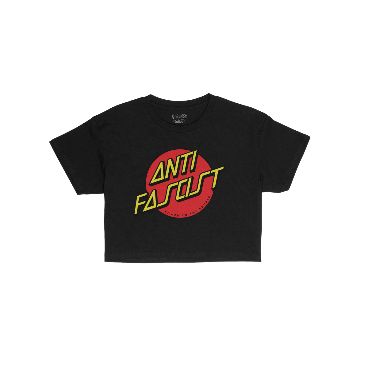 Anti-Fascist Women's Baby Tee featuring bold, graphic design with ANTI FASCIST in yellow over a red circle. Beneath, POWER TO