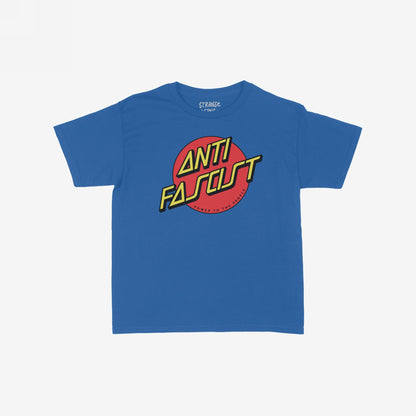 Anti-Fascist Women's Baby Tee featuring bold graphics: a red circle with ANTI FASCIST and POWER TO THE PEOPLE text, embodying rebellious, anti-fascist sentiment and skate culture.
