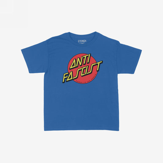 Anti-Fascist Women's Baby Tee featuring bold graphics: a red circle with ANTI FASCIST and POWER TO THE PEOPLE text, embodying rebellious, anti-fascist sentiment and skate culture.