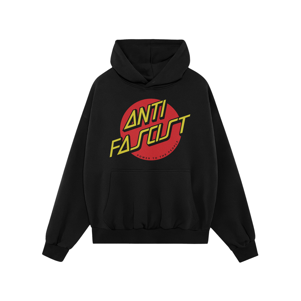 Black pullover hoodie featuring the Anti Fascist Shirt design, a bold statement with ANTI FASCIST in yellow over a red circle
