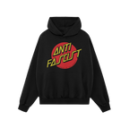 Black pullover hoodie featuring the Anti Fascist Shirt design, a bold statement with ANTI FASCIST in yellow over a red circle