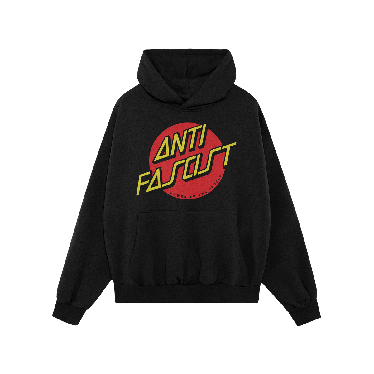 Black pullover hoodie featuring the Anti Fascist Shirt design, a bold statement with ANTI FASCIST in yellow over a red circle