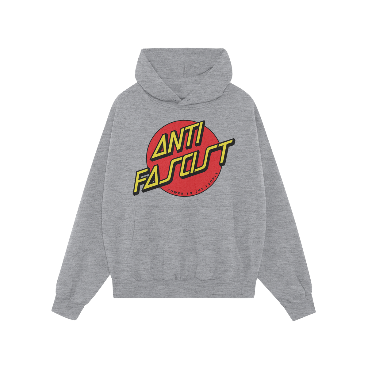 Dark-gray pullover hoodie featuring ANTI FASCIST in yellow with POWER TO THE PEOPLE underneath, symbolizing resistance agains