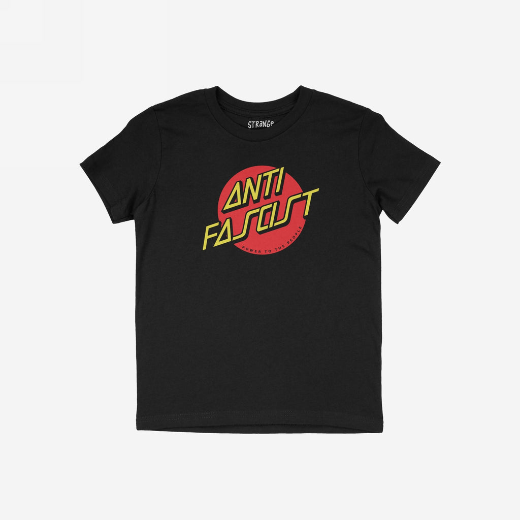 Black Anti Fascist Shirt featuring a bold red circle with ANTI FASCIST in yellow and POWER TO THE PEOPLE in small red text, embodying progressive resistance.