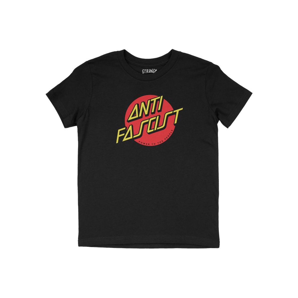 Black Anti Fascist Shirt featuring a bold red circle with ANTI FASCIST in yellow and POWER TO THE PEOPLE in small red text, e