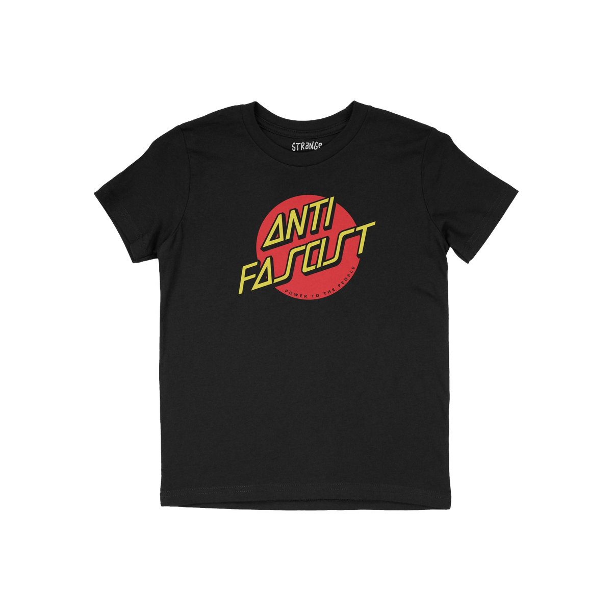 Black Anti Fascist Shirt featuring a bold red circle with ANTI FASCIST in yellow and POWER TO THE PEOPLE in small red text, e