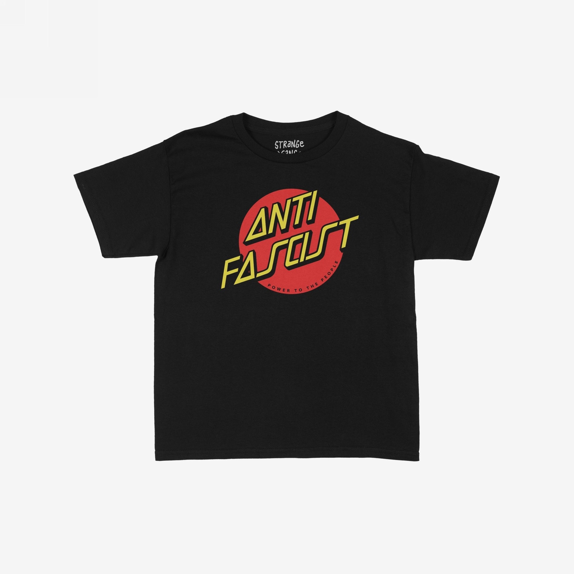 Anti-Fascist T-shirt featuring a bold red circular graphic with ANTI-FASCIST in yellow and POWER TO THE PEOPLE beneath, embodying activism and resistance.