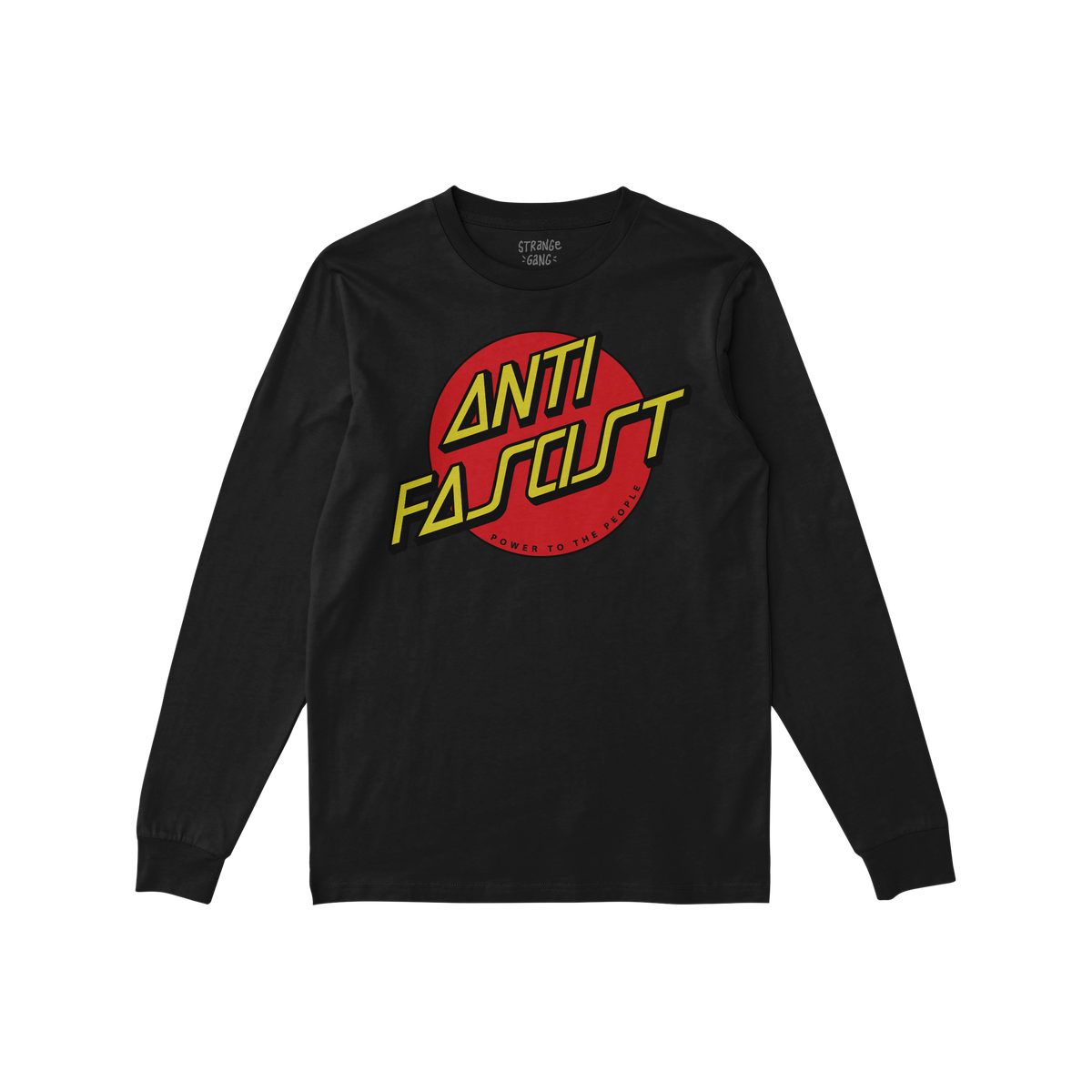 The Anti Fascist Shirt features a black long-sleeve T-shirt with a bold graphic: a red circle and slanted yellow ANTI FASCIST