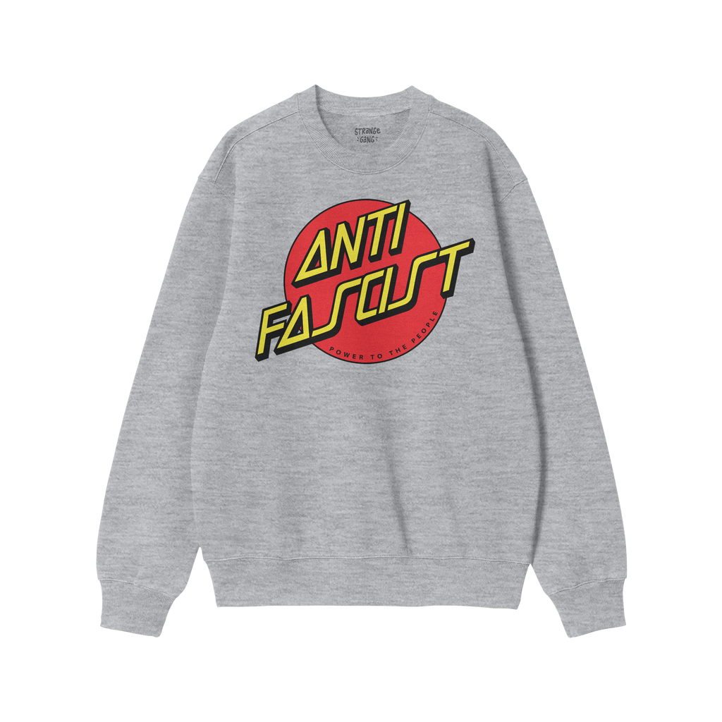 Anti Fascist Shirt: Unisex charcoal-gray sweatshirt with a bold red circle graphic on the chest, featuring yellow ANTI FASCIS