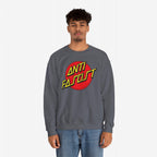 Young man models the Anti Fascist Shirt, featuring a bold red circle with “ANTI FASCIST” in yellow, advocating resistance and equality. He pairs it with medium-wash jeans, embodying progressive street style.