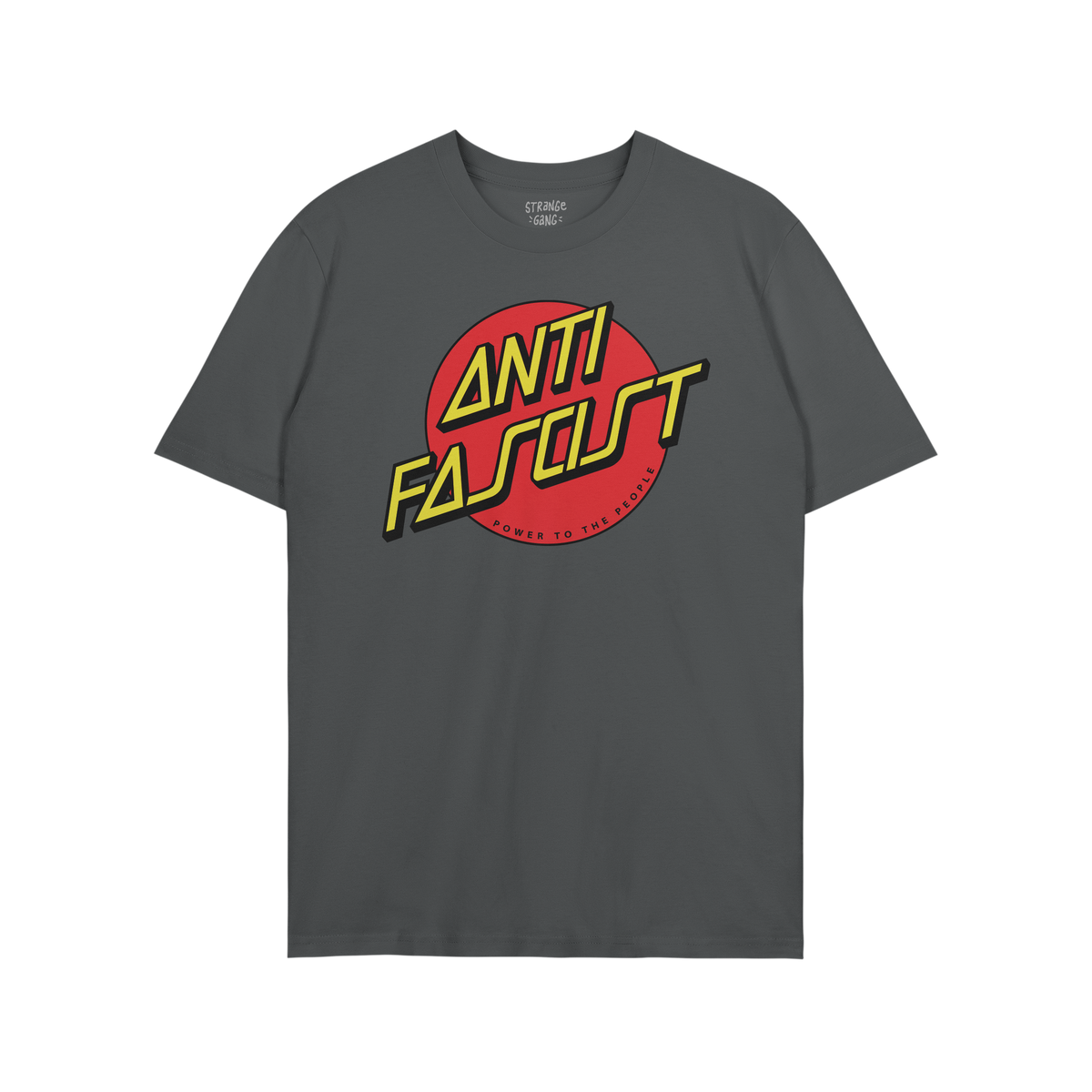 Anti Fascist Shirt featuring a bold graphic, with ANTI FASCIST in yellow across a red circle, and POWER TO THE PEOPLE below. 