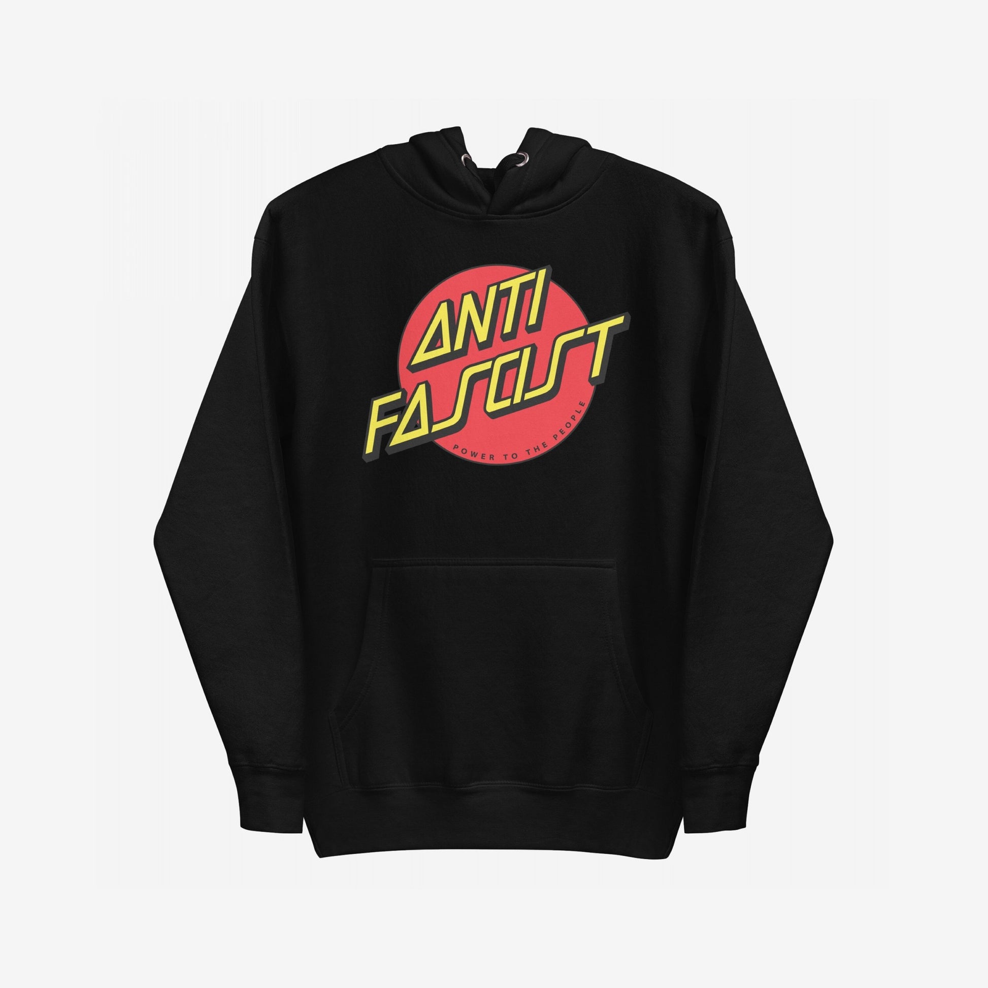 Anti-Fascist Hoodie & Sweatshirt features a bold red circle and angular yellow ANTI FASCIST text, embodying skate-punk aesthetics with a political message, perfect for making a powerful statement.