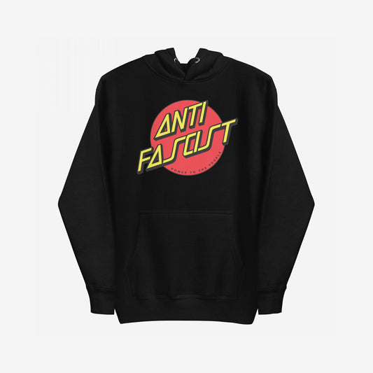 Anti-Fascist Hoodie & Sweatshirt features a bold red circle and angular yellow ANTI FASCIST text, embodying skate-punk aesthetics with a political message, perfect for making a powerful statement.