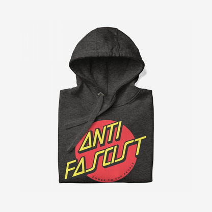Anti-Fascist Hoodie & Sweatshirt features a dark-gray pullover with a bold red circle and “ANTI FASCIST” in yellow, advocating for equality and resistance against oppression.