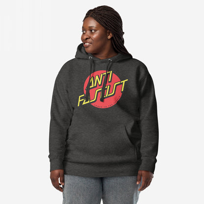 Anti-Fascist Hoodie & Sweatshirt featuring a bold ANTI FASCIST logo in yellow and red, worn by a person with braided hair, reflecting a street-punk style and political message.