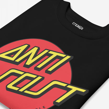 Black crew-neck sweatshirt featuring a bold red circle with 3D yellow ANTI SOCIETY text. The Anti-Fascist Hoodie & Sweatshirt embodies skate-punk style and a strong anti-fascist message.