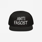 Anti Fascist Hat featuring white embroidery on a black flat-brimmed cap, embodying a bold statement against fascism. Designed for comfort, ethically made, and supports ACLU. Unisex style with a revolutionary flair.