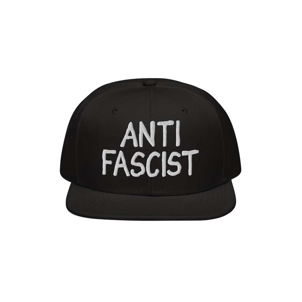 Anti Fascist Hat featuring white embroidery on a black flat-brimmed cap, embodying a bold statement against fascism. Designed