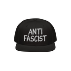 Anti Fascist Hat featuring white embroidery on a black flat-brimmed cap, embodying a bold statement against fascism. Designed
