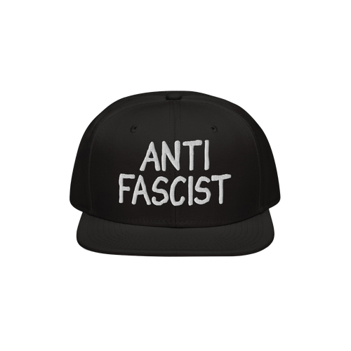 Anti Fascist Hat featuring white embroidery on a black flat-brimmed cap, embodying a bold statement against fascism. Designed