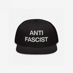 Black flat-bill cap with “ANTI FASCIST” in white block letters, embodying the Anti-Fascist Classic Hat's bold message and timeless style for those committed to resisting fascism.