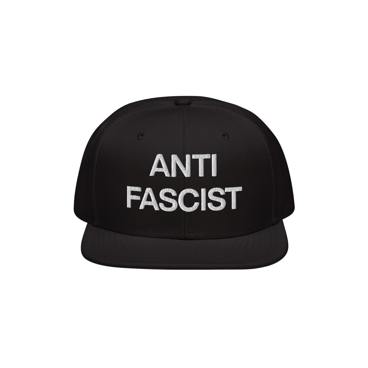 Black flat-bill cap with “ANTI FASCIST” in white block letters, embodying the Anti-Fascist Classic Hat's bold message and