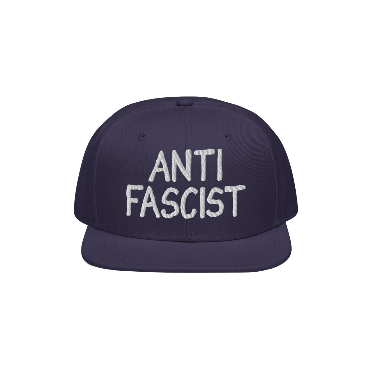 Navy-blue flat-brim snapback hat with ANTI FASCIST in white embroidery, reflecting a bold, unisex statement for those opposin