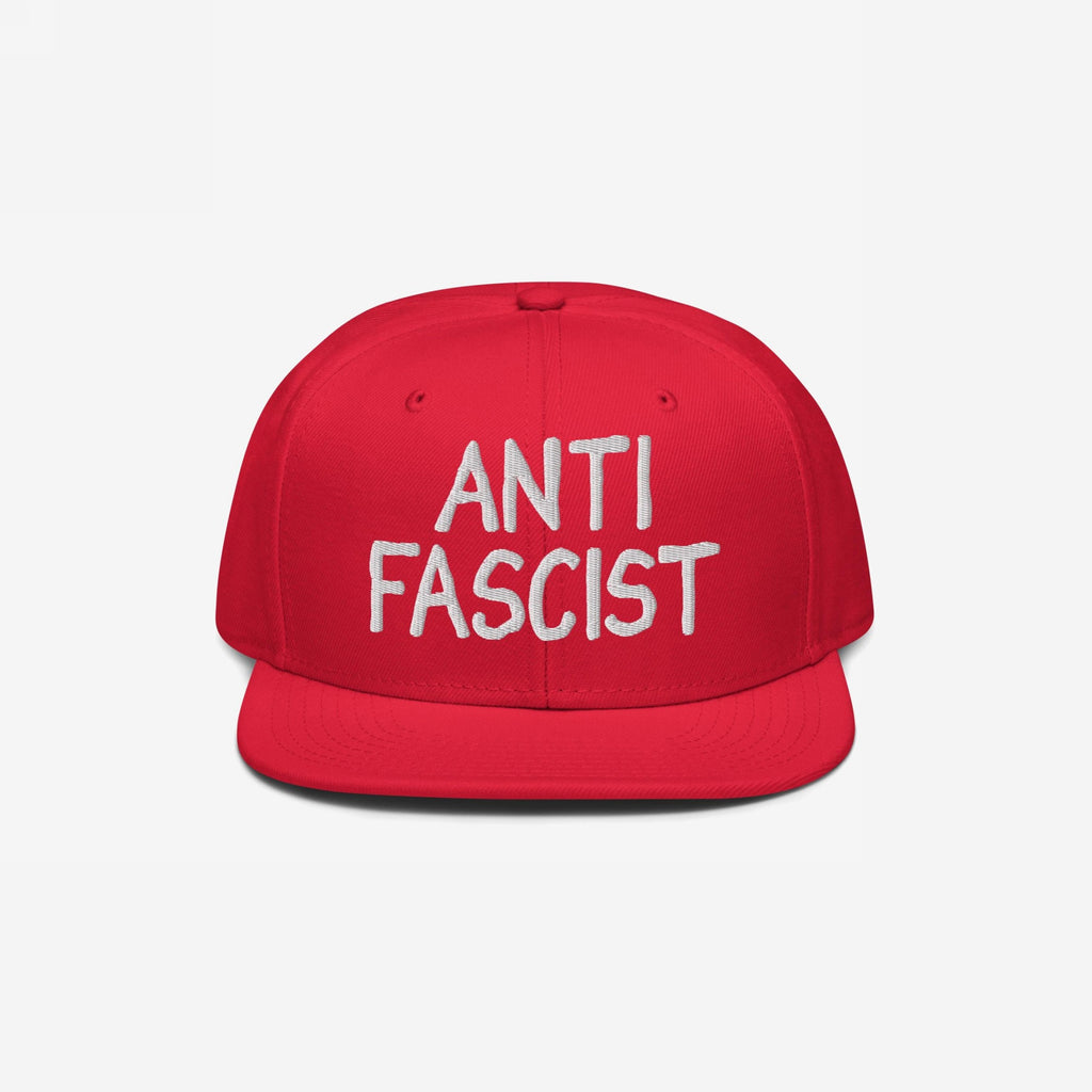 Anti Fascist Hat with white ANTI FASCIST embroidery on a red, flat-brimmed cap, embodying style and activism, supporting ethical fashion and the ACLU.