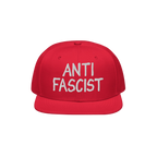 Anti Fascist Hat with white ANTI FASCIST embroidery on a red, flat-brimmed cap, embodying style and activism, supporting ethi