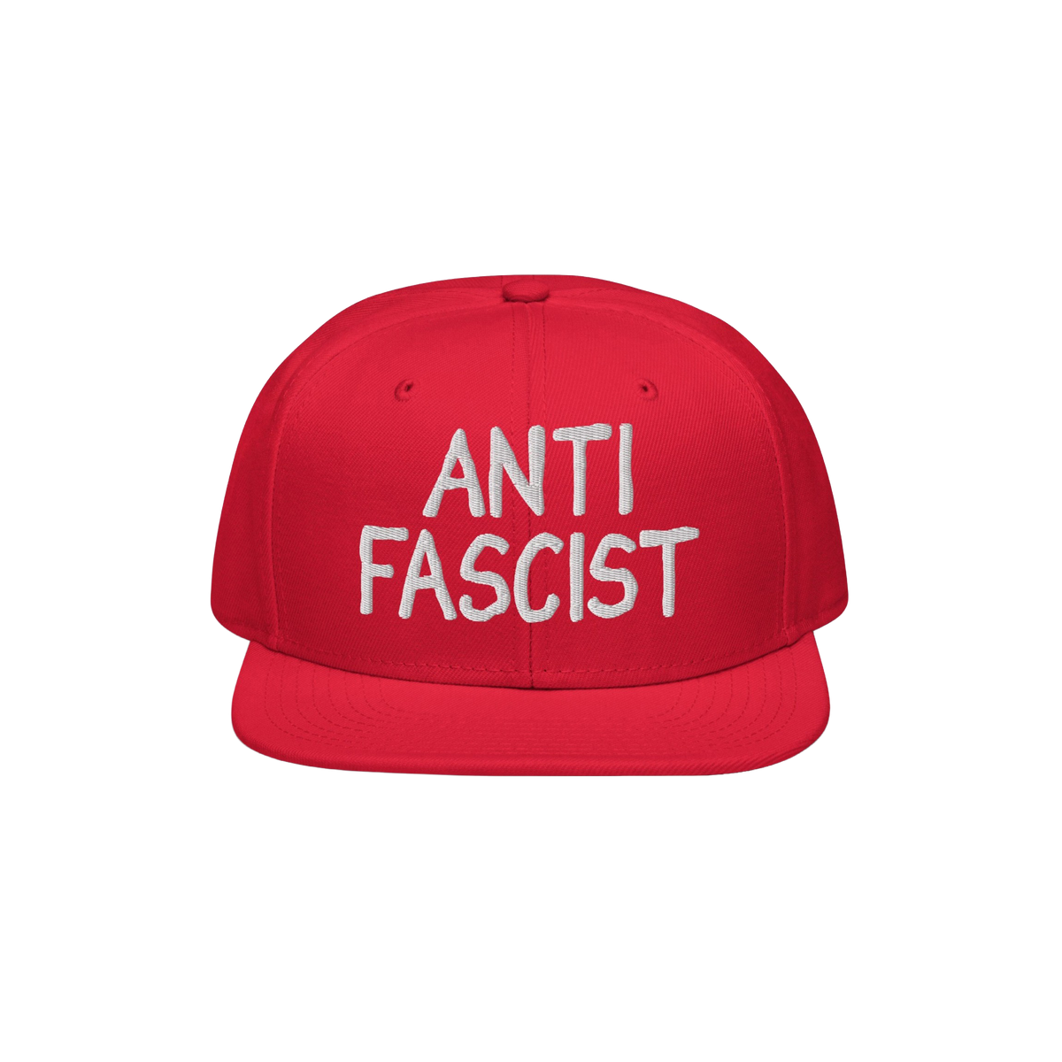 Anti Fascist Hat with white ANTI FASCIST embroidery on a red, flat-brimmed cap, embodying style and activism, supporting ethi