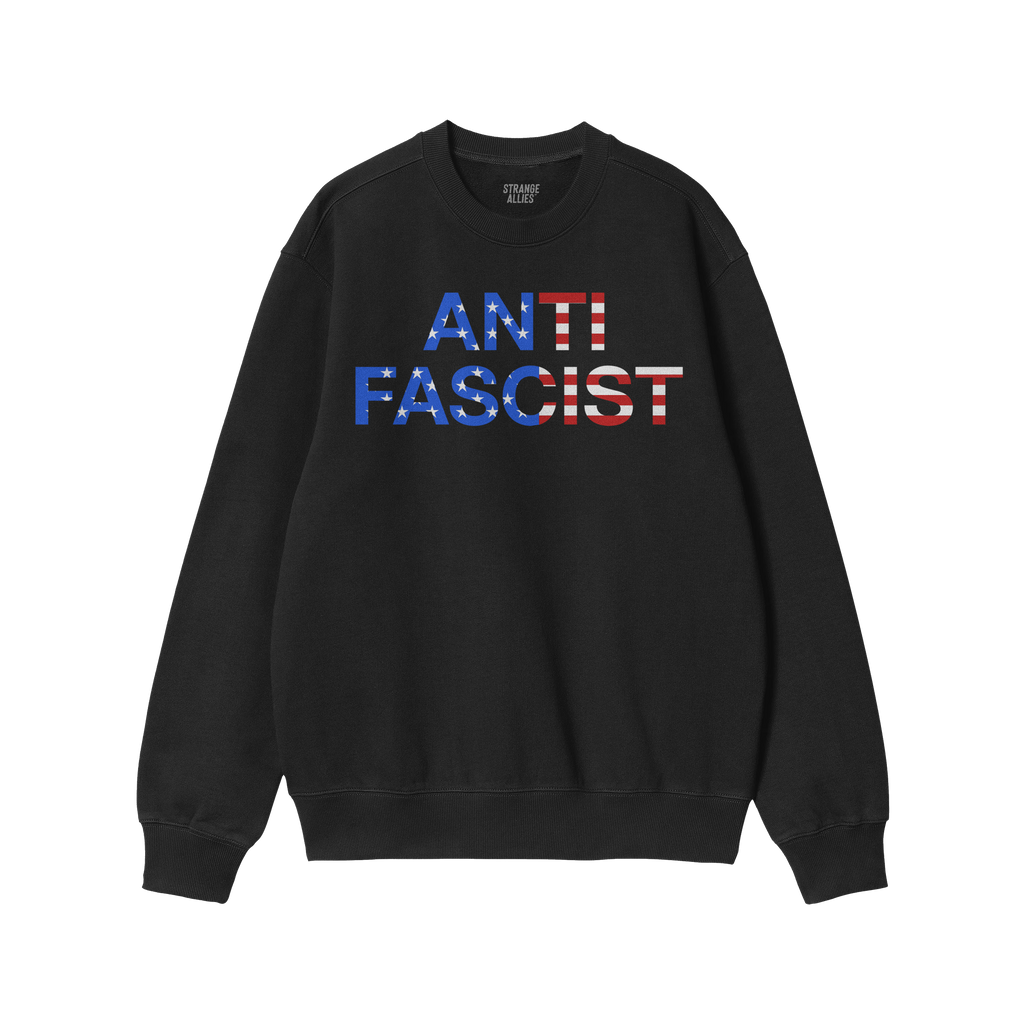 Black crewneck Anti-Fascist USA Classic Sweatshirt featuring ANTI FASCIST in an American-flag motif, reflecting activism and 