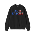 Black crewneck Anti-Fascist USA Classic Sweatshirt featuring ANTI FASCIST in an American-flag motif, reflecting activism and 
