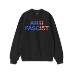 Black crewneck Anti-Fascist USA Classic Sweatshirt featuring ANTI FASCIST in an American-flag motif, reflecting activism and 