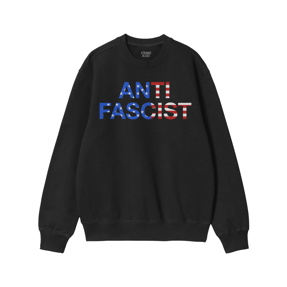 Black crewneck Anti-Fascist USA Classic Sweatshirt featuring ANTI FASCIST in an American-flag motif, reflecting activism and 