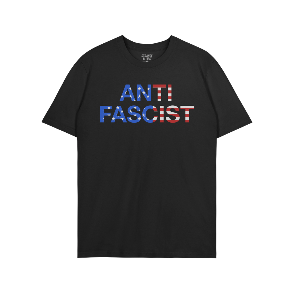 Anti-Fascist USA Classic T-shirt featuring bold ANTI FASCIST text in stars-and-stripes pattern, symbolizing reclaimed patriot
