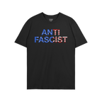 Anti-Fascist USA Classic T-shirt featuring bold ANTI FASCIST text in stars-and-stripes pattern, symbolizing reclaimed patriot
