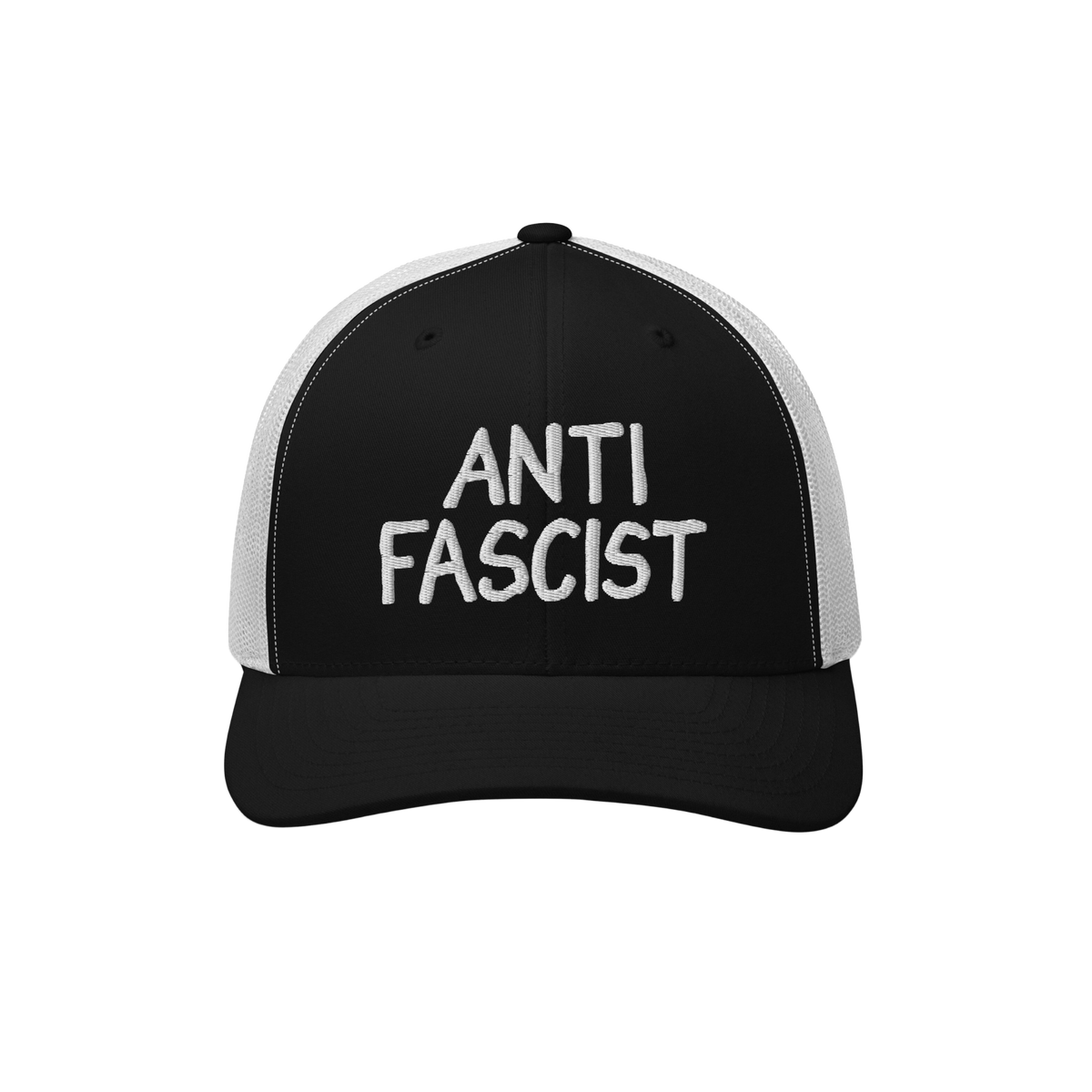 Anti Fascist Hat with a black front and white mesh back, featuring “ANTI FASCIST” embroidered boldly in white, embodies a