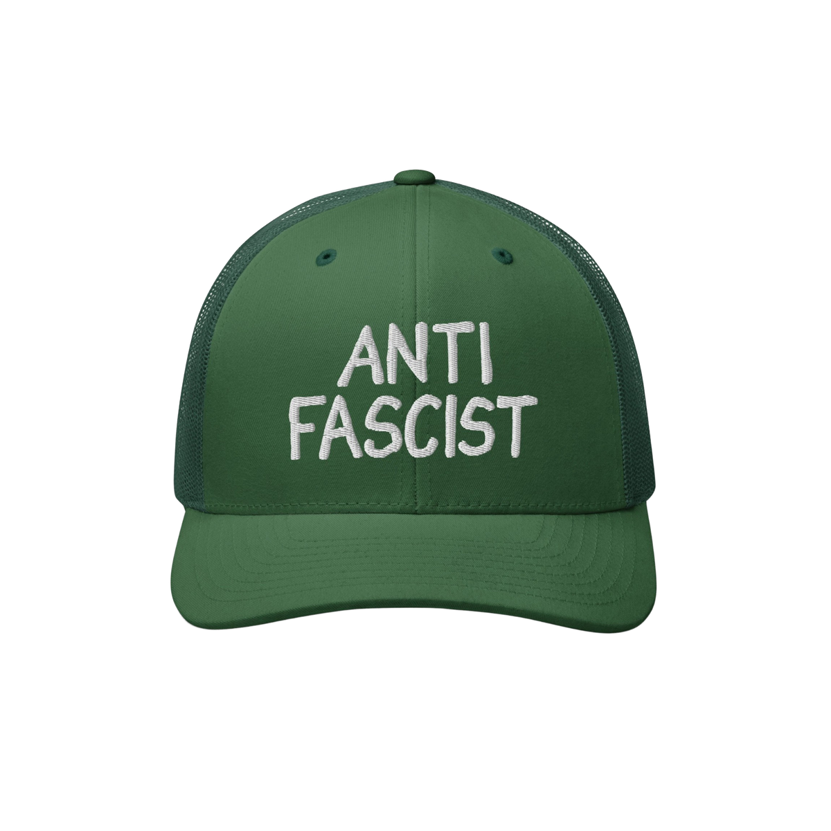 Green mesh-back trucker cap with a solid front panel, featuring ANTI FASCIST in bold white embroidery, symbolizing resistance