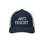 Navy-blue and white mesh trucker hat with “ANTI FASCIST” embroidered on the front, embodying style and resistance. Unisex