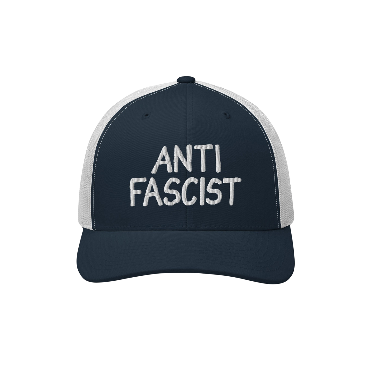 Navy-blue and white mesh trucker hat with “ANTI FASCIST” embroidered on the front, embodying style and resistance. Unisex