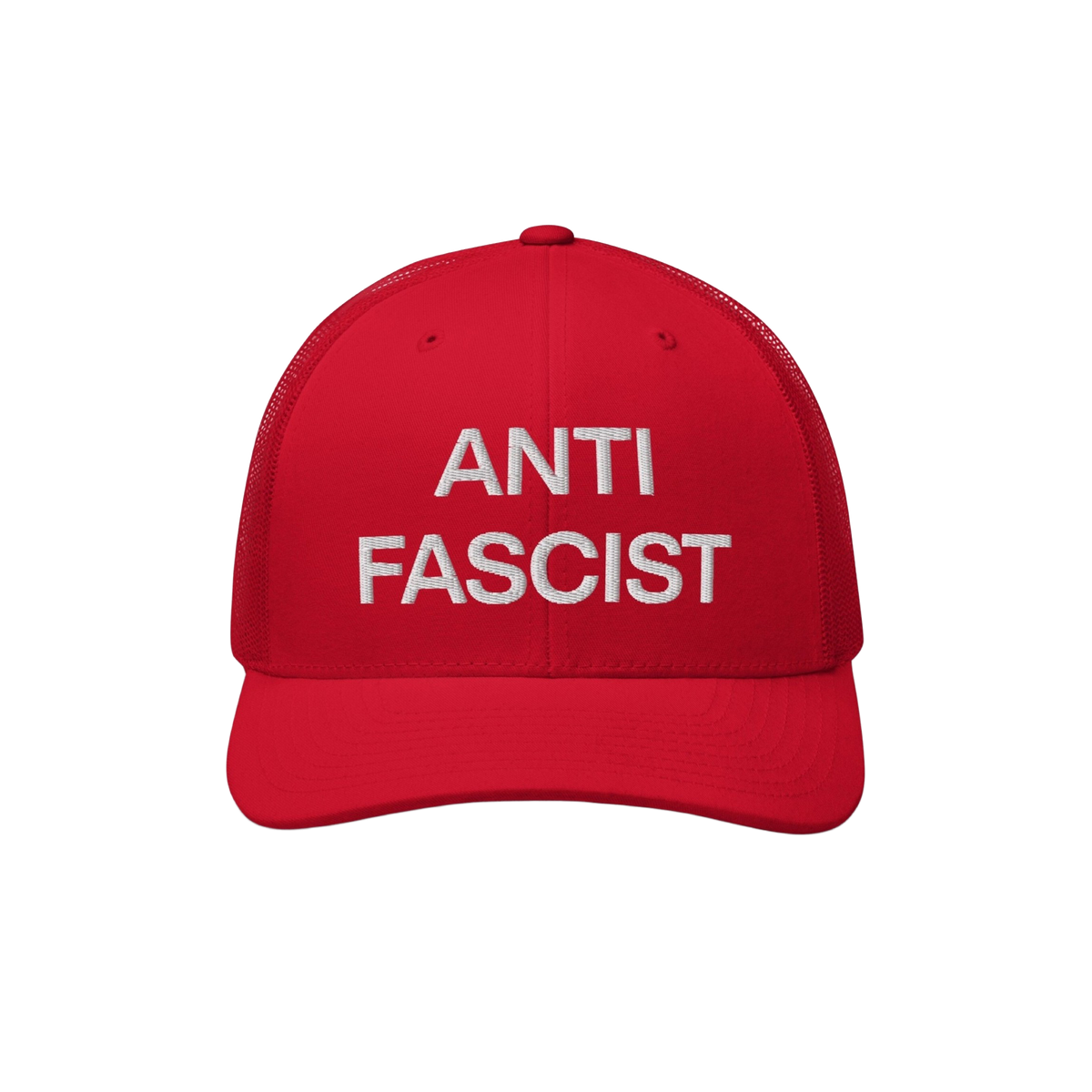 The Anti-Fascist Classic Hat features bold, white embroidered ANTI FASCIST lettering on a red trucker-style cap, embodying a 
