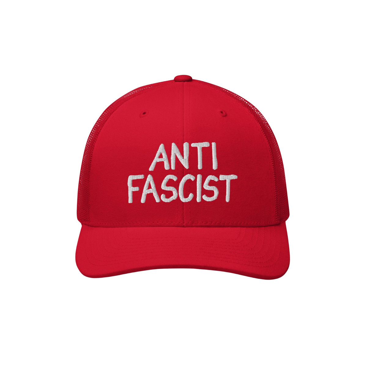 Red trucker-style Anti Fascist Hat with white ANTI FASCIST embroidery on the front, solid front panel, curved brim, and mesh 