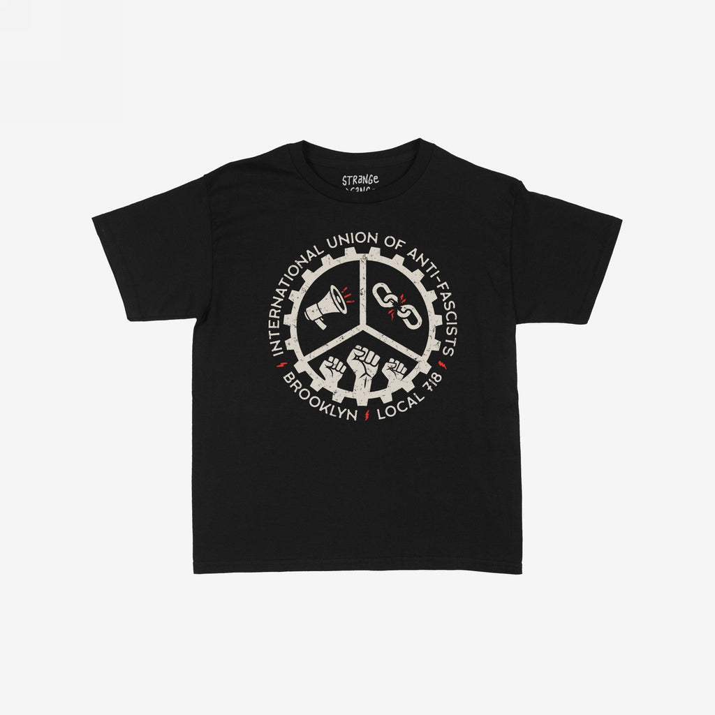 Brooklyn Anti-Fascist Union Women's Baby Tee features a distressed white gear logo with megaphone, broken chains, and raised fists, embodying activism and local identity in a retro Y2K fit.