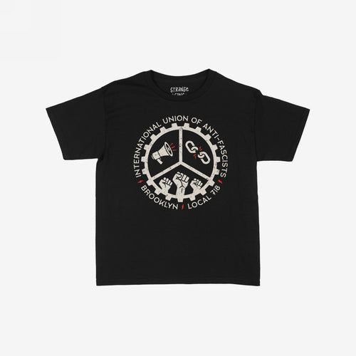 Brooklyn Anti-Fascist Union Women's Baby Tee features a distressed white gear logo with megaphone, broken chains, and raised fists, embodying activism and local identity in a retro Y2K fit.