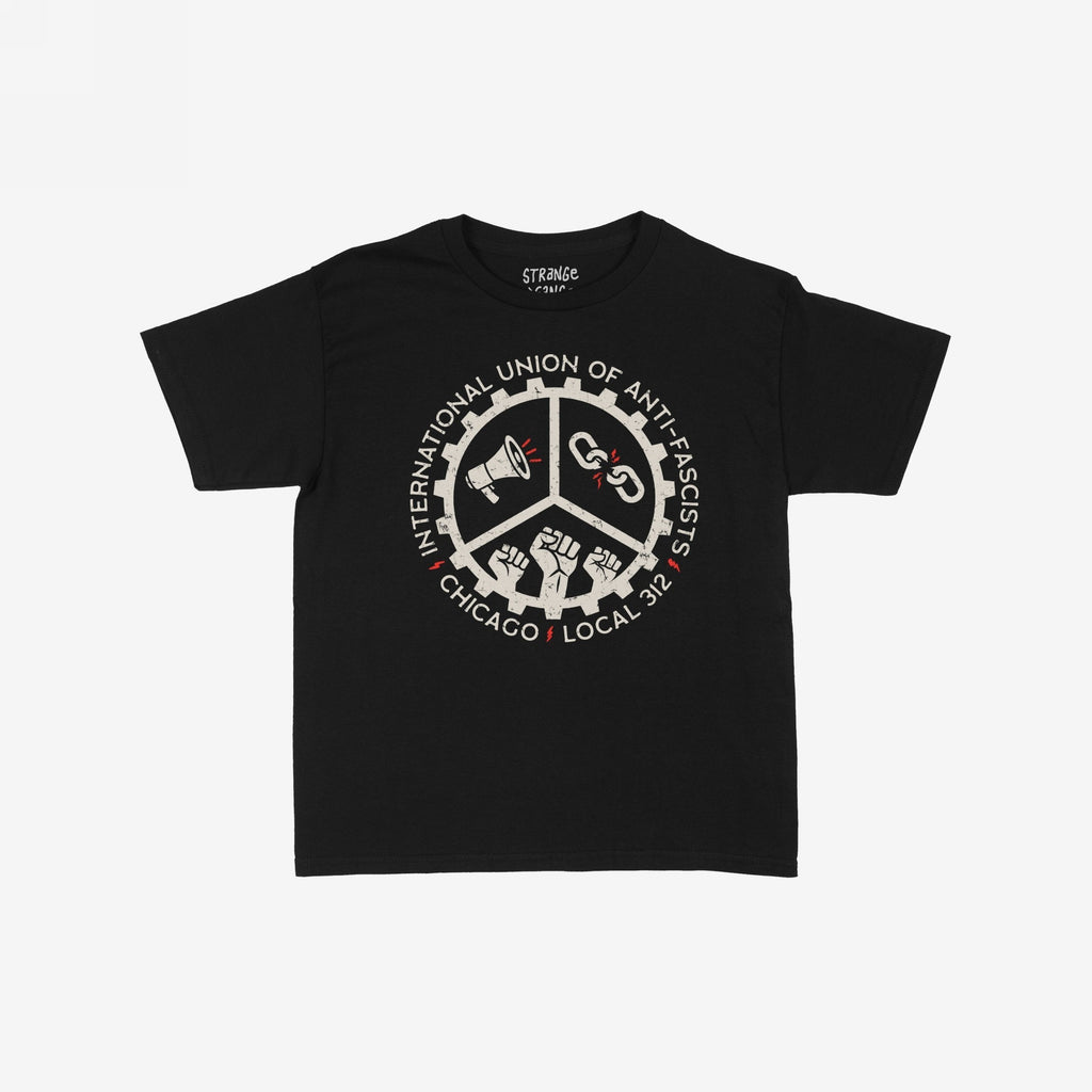 Custom Anti-Fascist Union Kids T-shirt featuring a bold emblem with megaphone, broken chain, and raised fists design, symbolizing activism and equality. Ideal for young advocates against fascism.