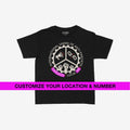 Custom Anti-Fascist Union Kids T-shirt featuring a circular logo with megaphone, broken chain, and raised fists. Text reads “INTERNATIONAL UNION OF ANTI-FASCISTS” with customizable city name and chapter number.