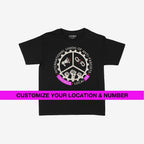 Custom Anti-Fascist Union Kids T-shirt featuring a circular logo with megaphone, broken chain, and raised fists. Text reads “INTERNATIONAL UNION OF ANTI-FASCISTS” with customizable city name and chapter number.