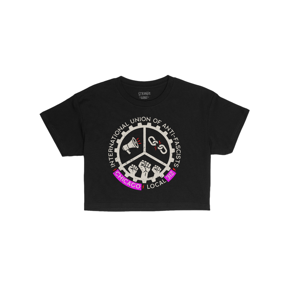 Custom Anti-Fascist Union Women's Baby Tee featuring a circular emblem with a megaphone, broken chain, and raised fists, invi